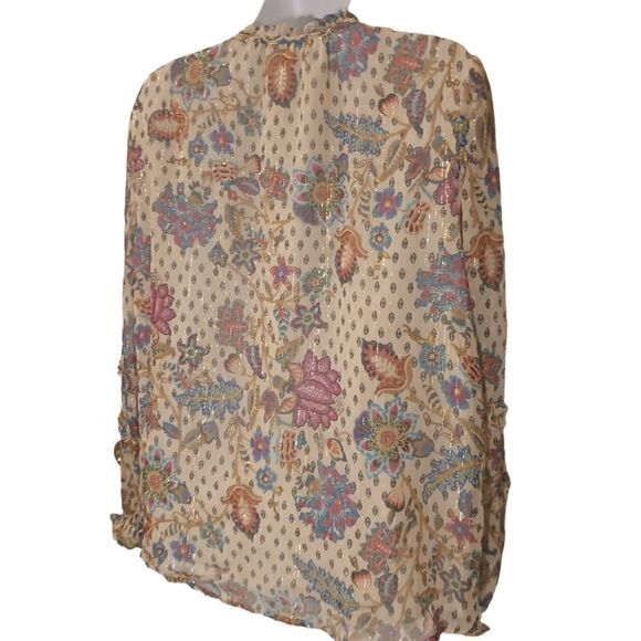 LOFT shimmer Vine smocked ruffle tie neck blouse size LP - Picture 6 of 11